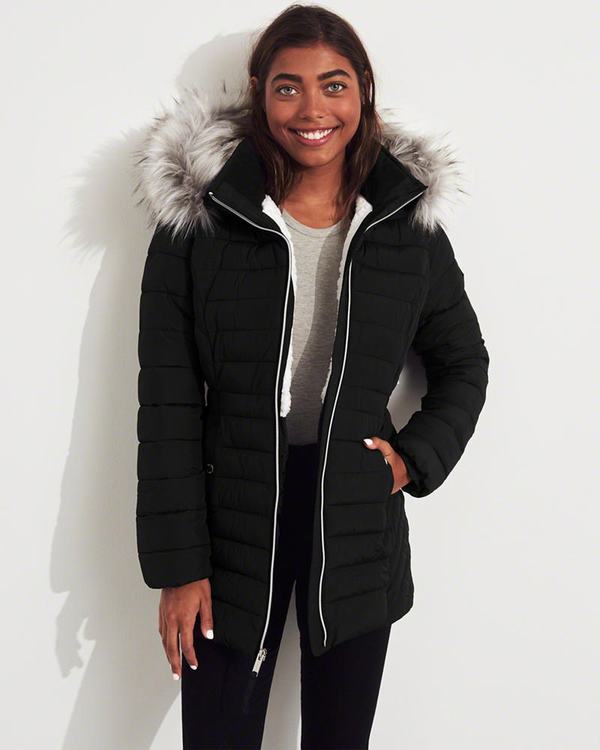 Parka Hollister Donna Sherpa-Lined Puffer Nere Italia (499TBCAD)
